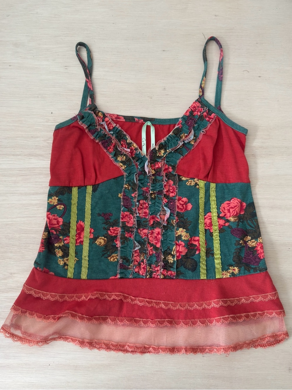 Floral Ruffle Spaghetti-Strap Cami in Red & Teal fairycore Y2K Medium